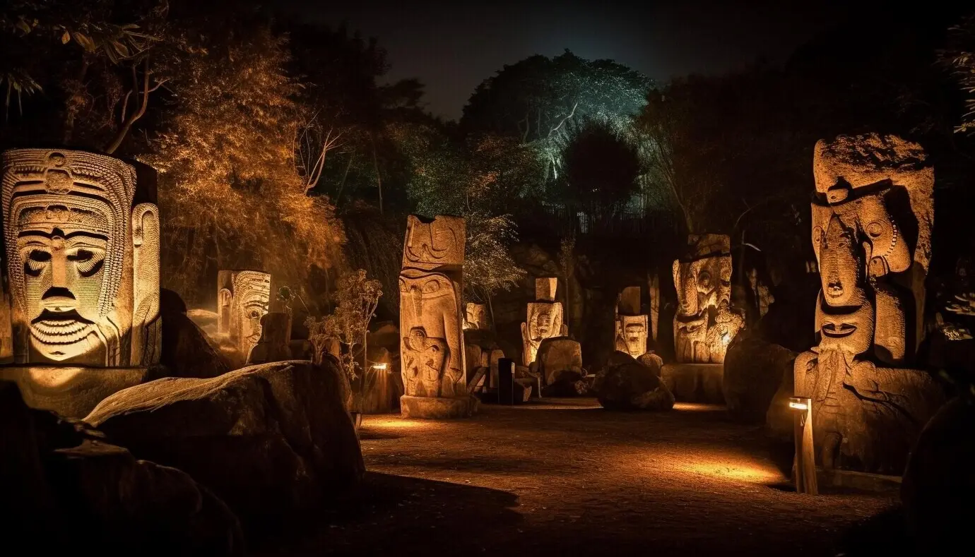 Antike Skulptur, nachts beleuchtet, ragt empor – von KI erzeugt.
